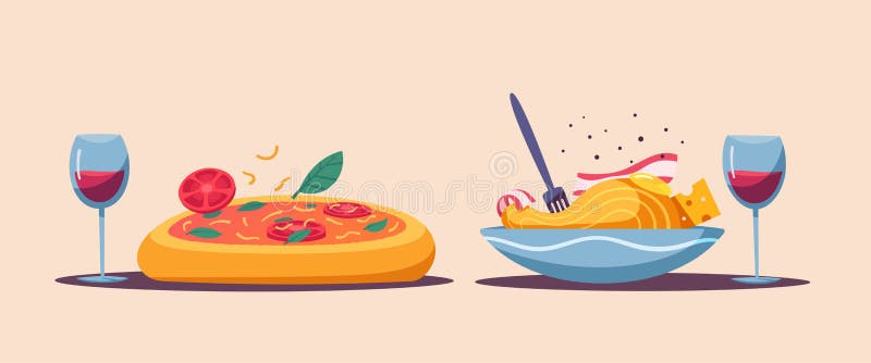 Italian cuisine. Delicious pasta. Cartoon vector illustration. Great dinner. For web and print. Fresh meal. Cook carbonara in restaurant. Italian cuisine. Delicious pasta. Cartoon vector illustration. Great dinner. For web and print. Fresh meal. Cook carbonara in restaurant